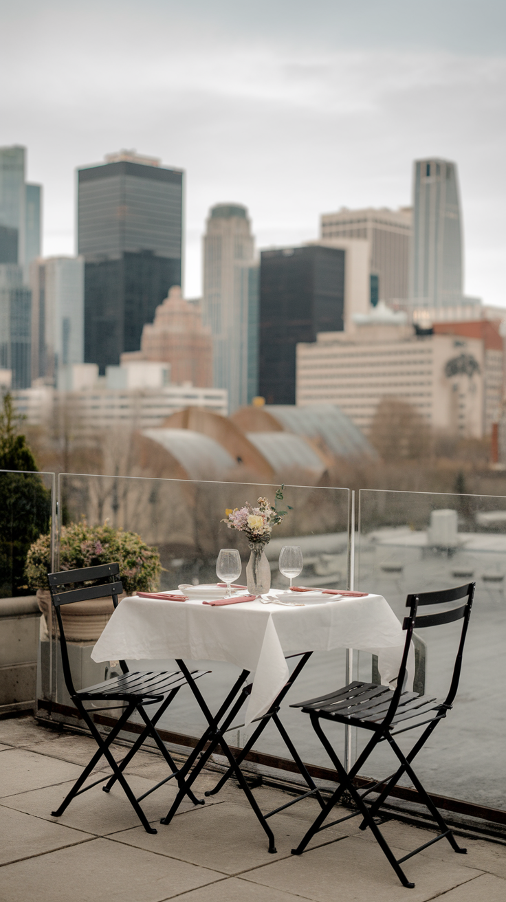 A small outdoor dining table with a city skyline backdrop.