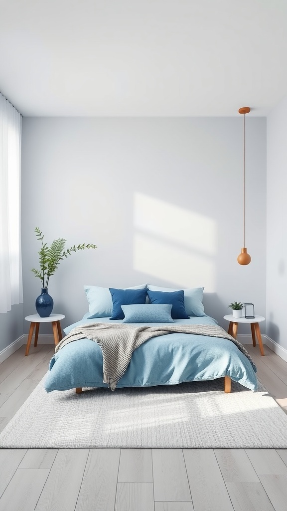 Minimalist blue and white bedroom decor with a cozy bed, natural light, and wooden furniture