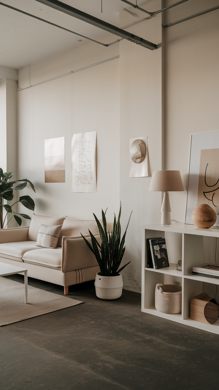 A minimalist living room featuring a beige couch, indoor plants, and simple decor elements.