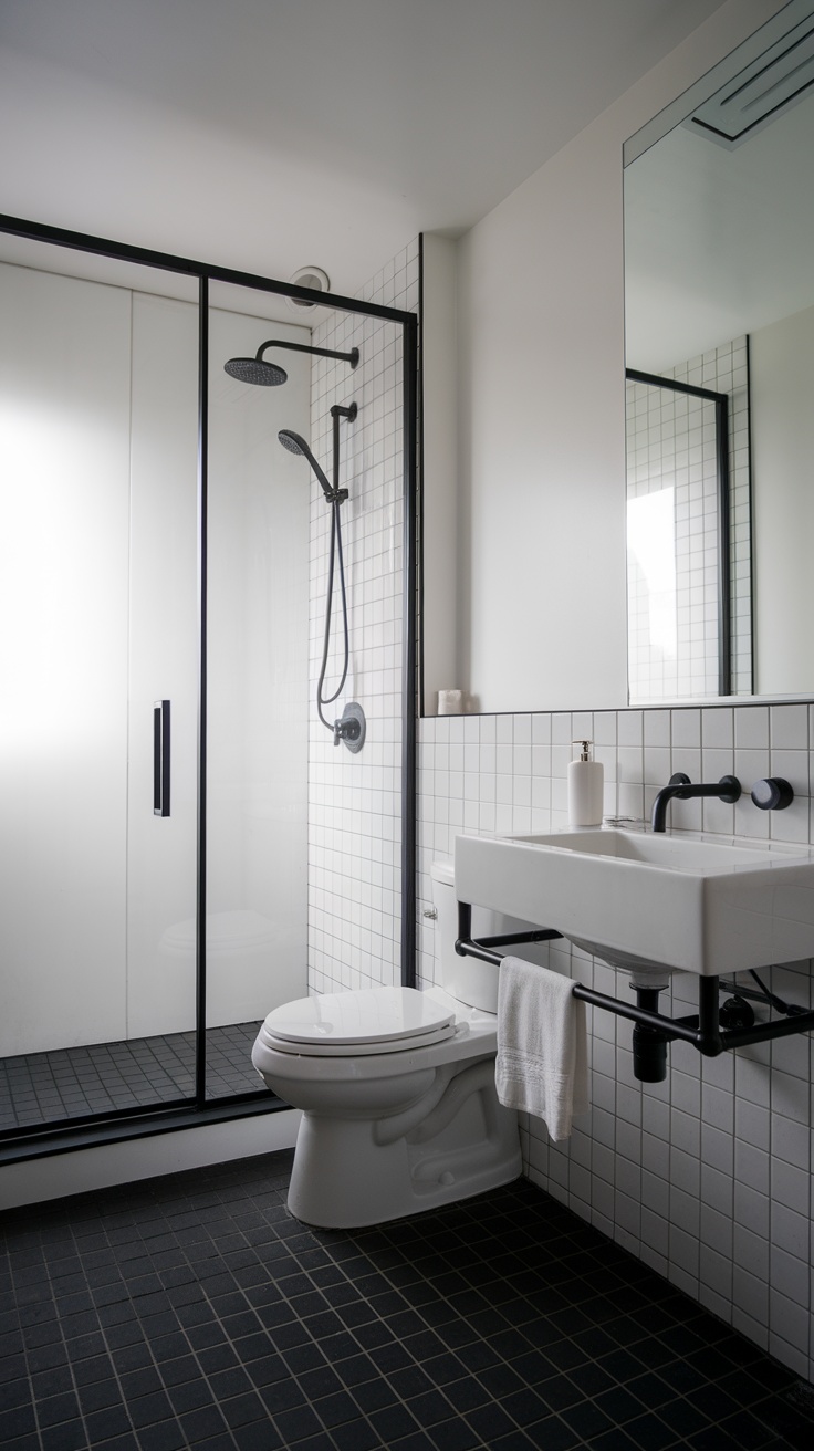 A modern minimalist bathroom with black and white tiles, a shower, and a clean design.