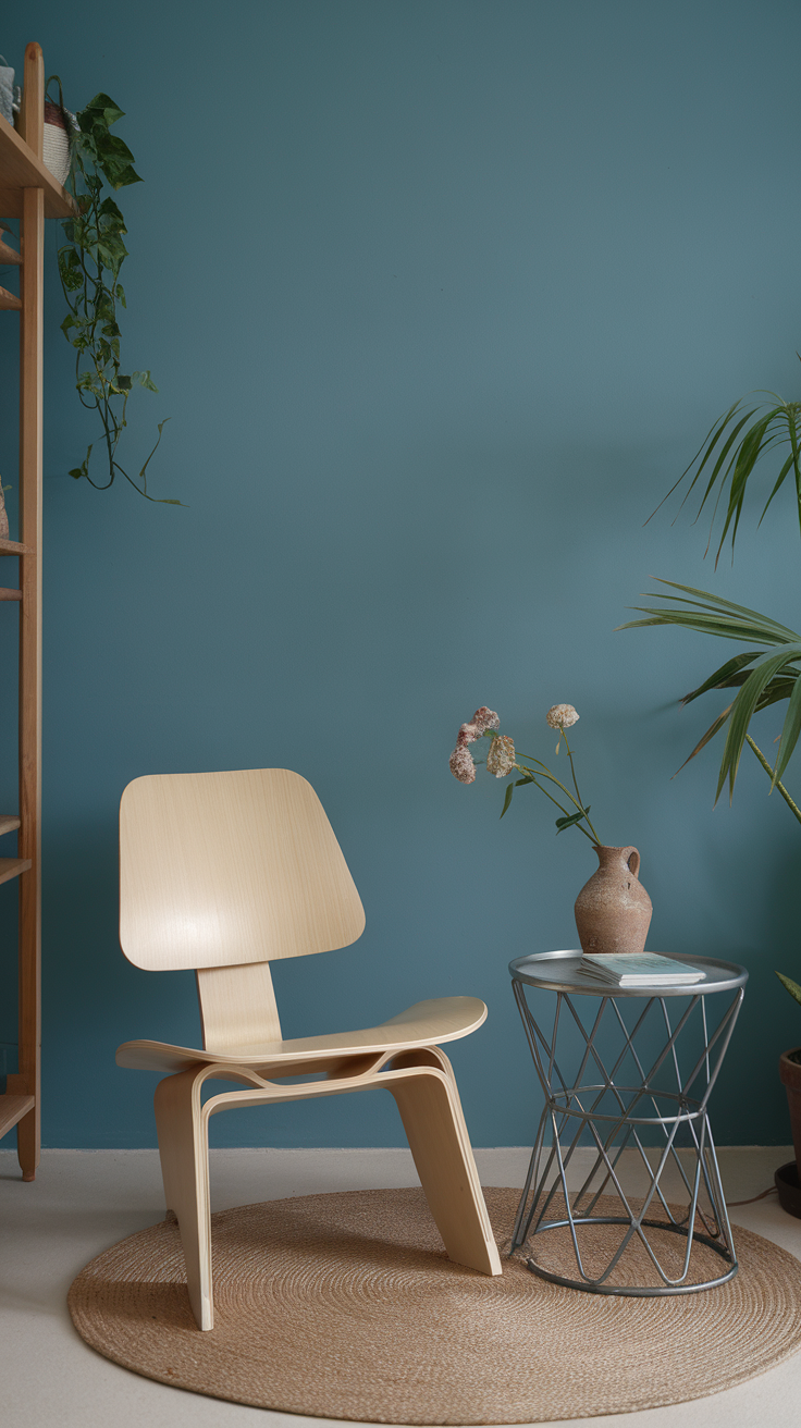 A minimalist reading nook featuring a wooden chair, a small table, and green plants against a blue wall.