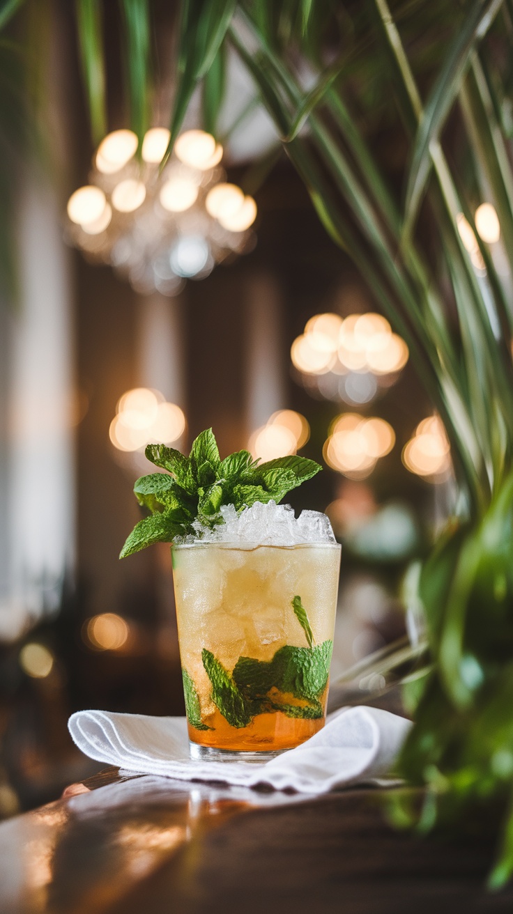 A refreshing Mint Julep cocktail garnished with mint leaves and served with crushed ice.