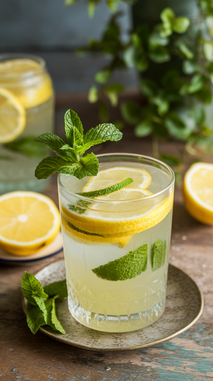 A glass of Minted Lemonade Spritzer garnished with mint and lemon slices.