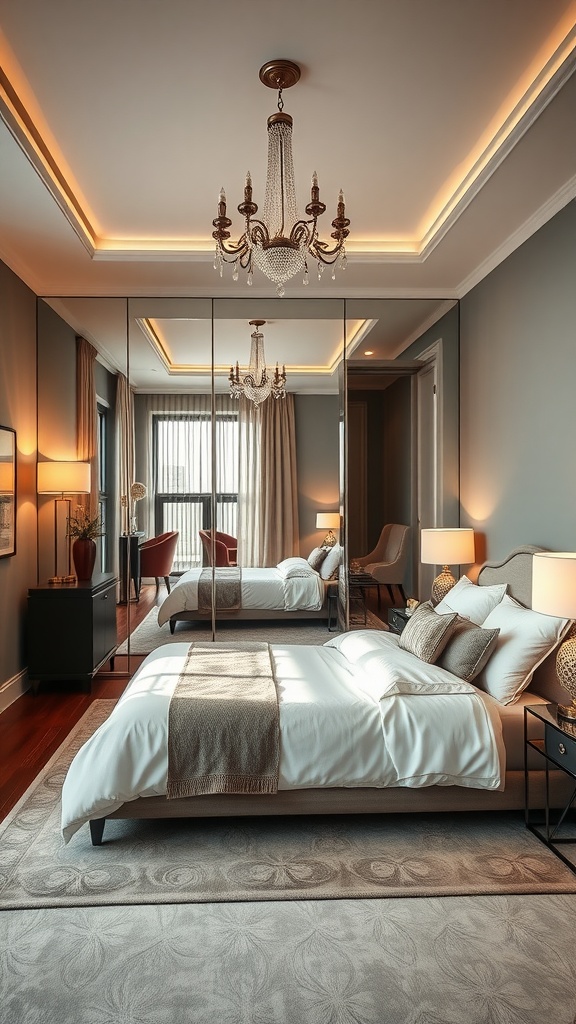 A modern bedroom with mirrored walls, elegant chandelier, and warm lighting.