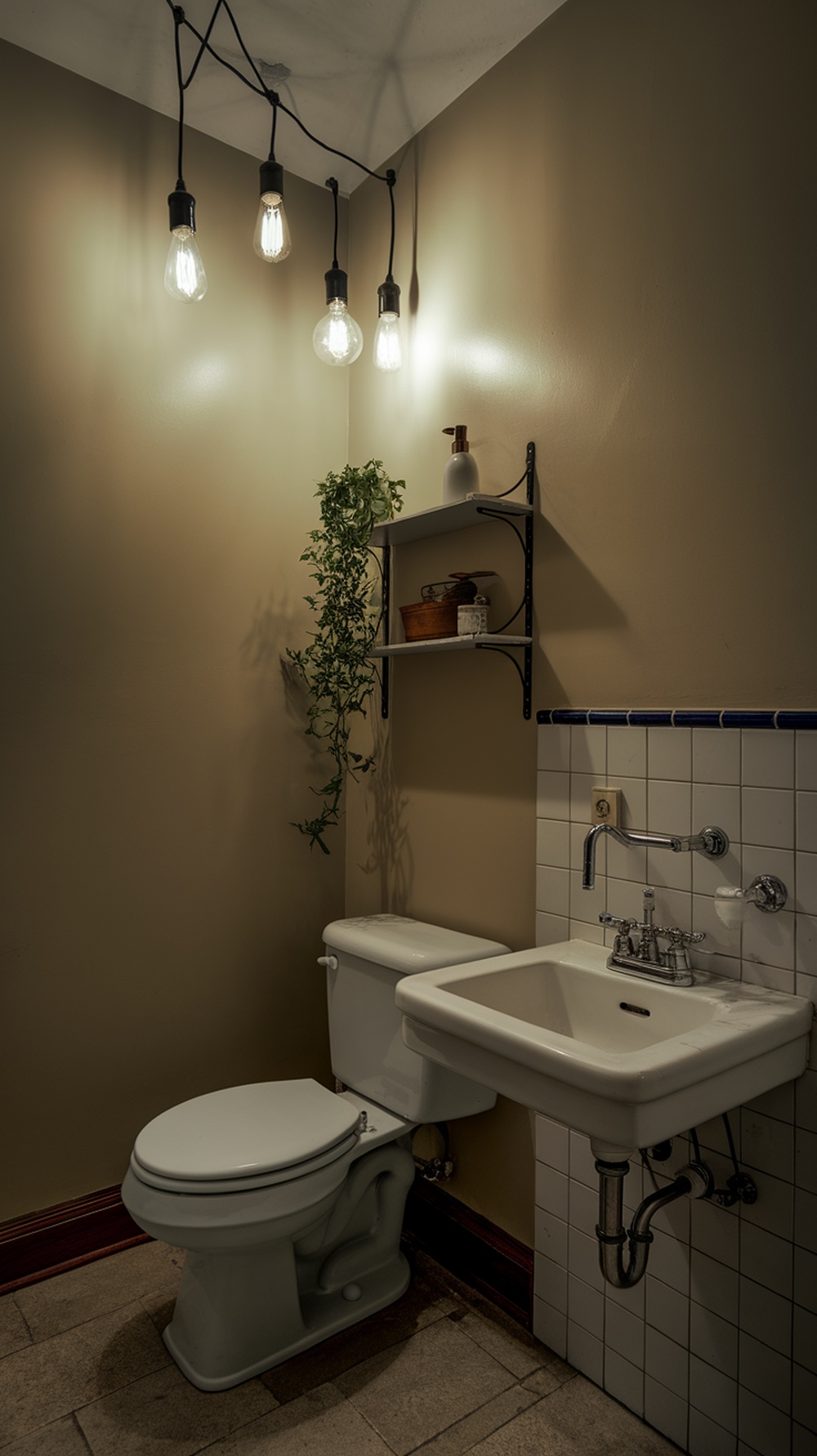 A vintage bathroom with Edison bulbs hanging from the ceiling, a small sink, and a toilet, featuring warm lighting and a plant.