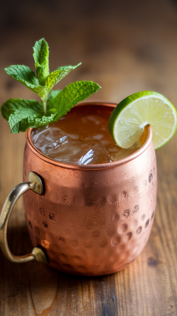 Close-up of a Moscow Mule variation in a copper mug with mint and lime garnish.