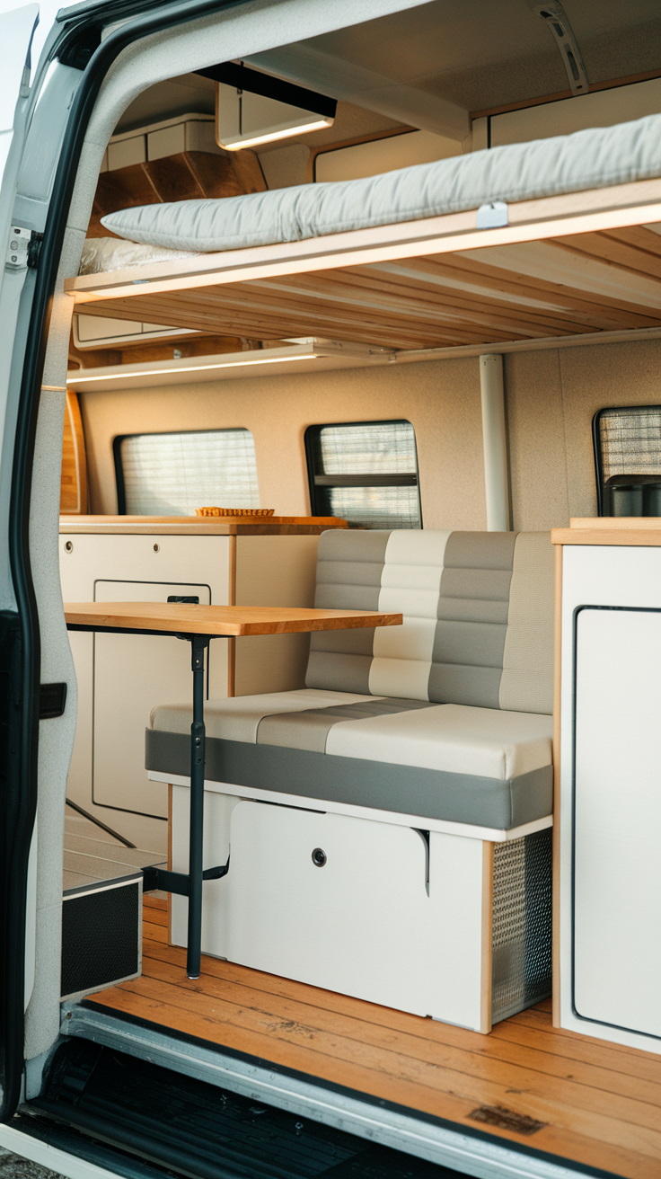 Interior of a van with multi-use furniture, including a convertible table and storage bench.