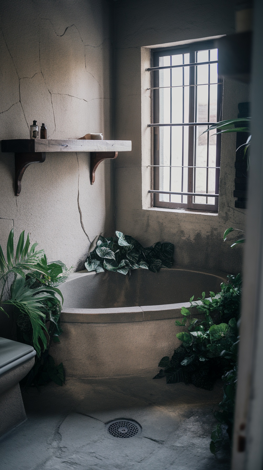 A vintage bathroom featuring cracked walls, a wooden shelf, and lush green plants.