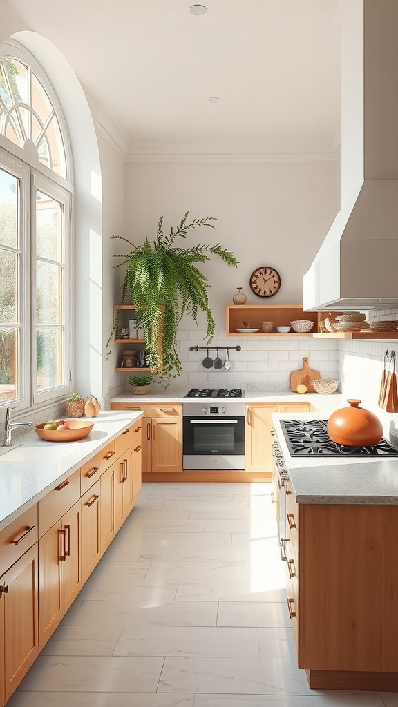 Bright kitchen with large windows, wooden cabinets, and plants