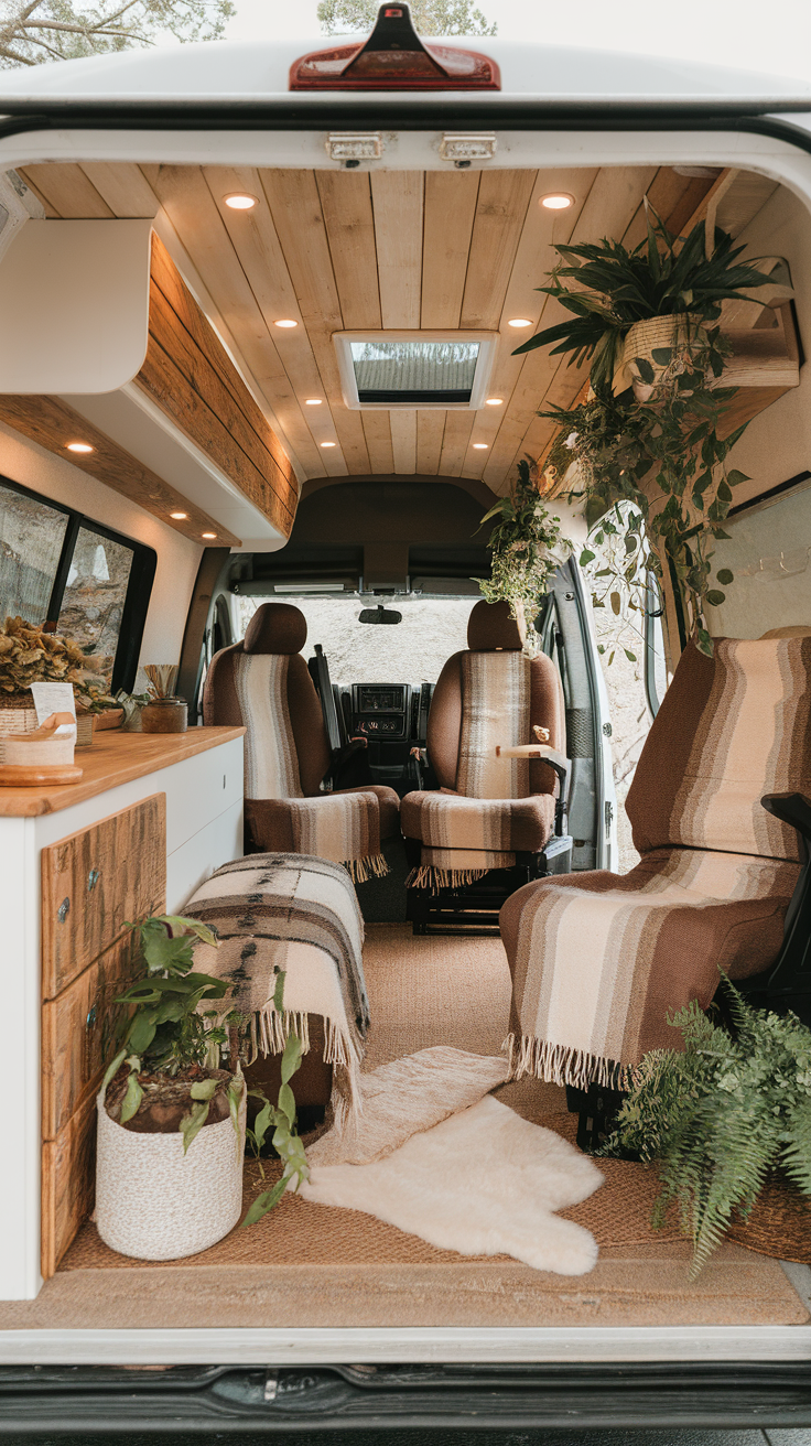 Interior of a van featuring nature-inspired decor with plants, wood elements, and cozy textiles.