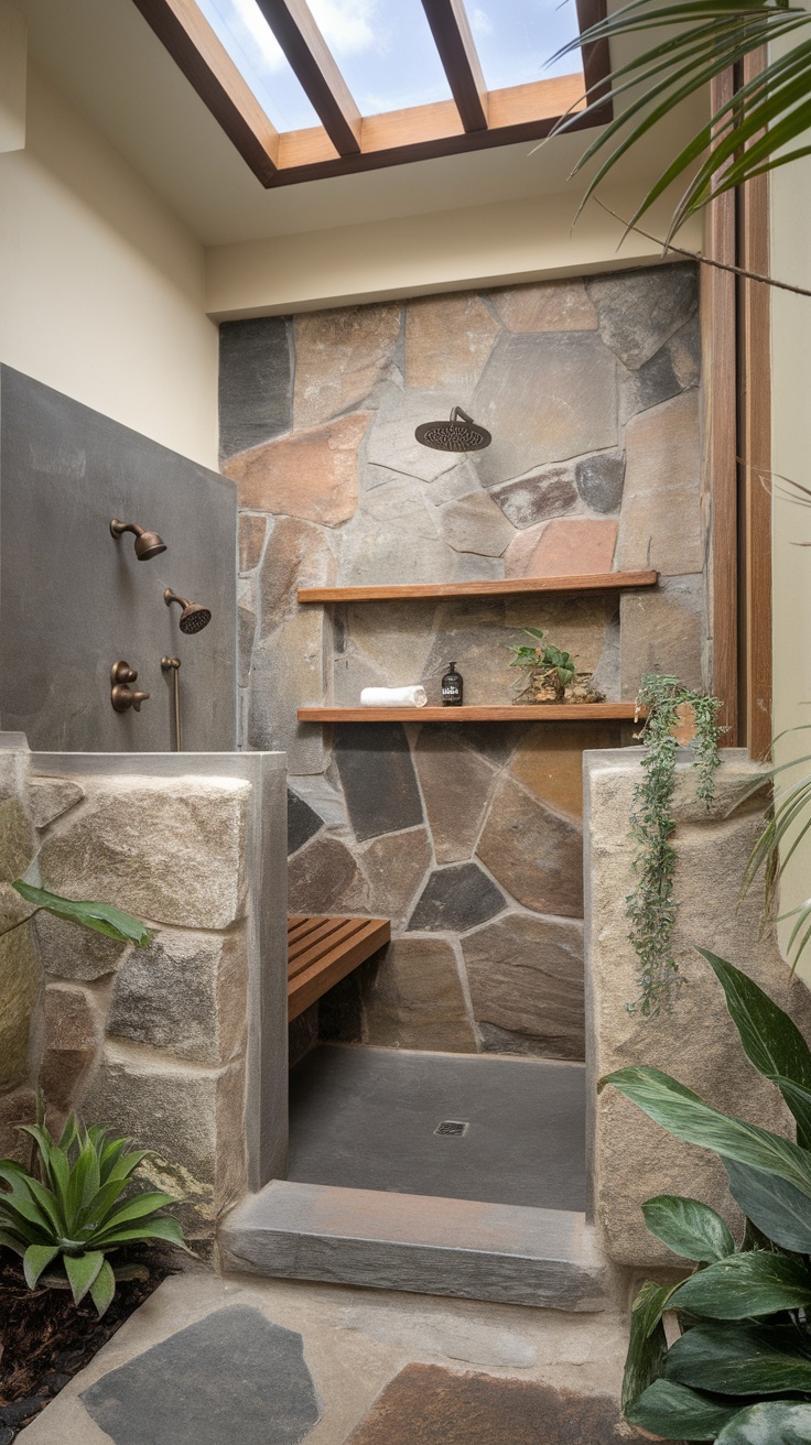 A nature-inspired apartment bathroom featuring stone walls, wooden shelves, and plants.