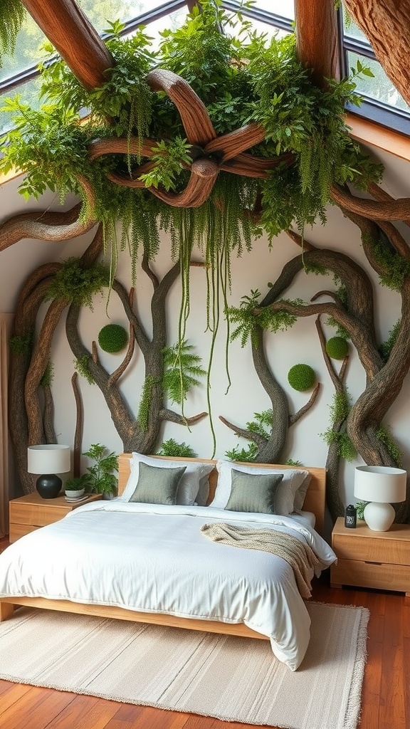 A modern bedroom with nature-inspired decor, featuring tree branches and plants.