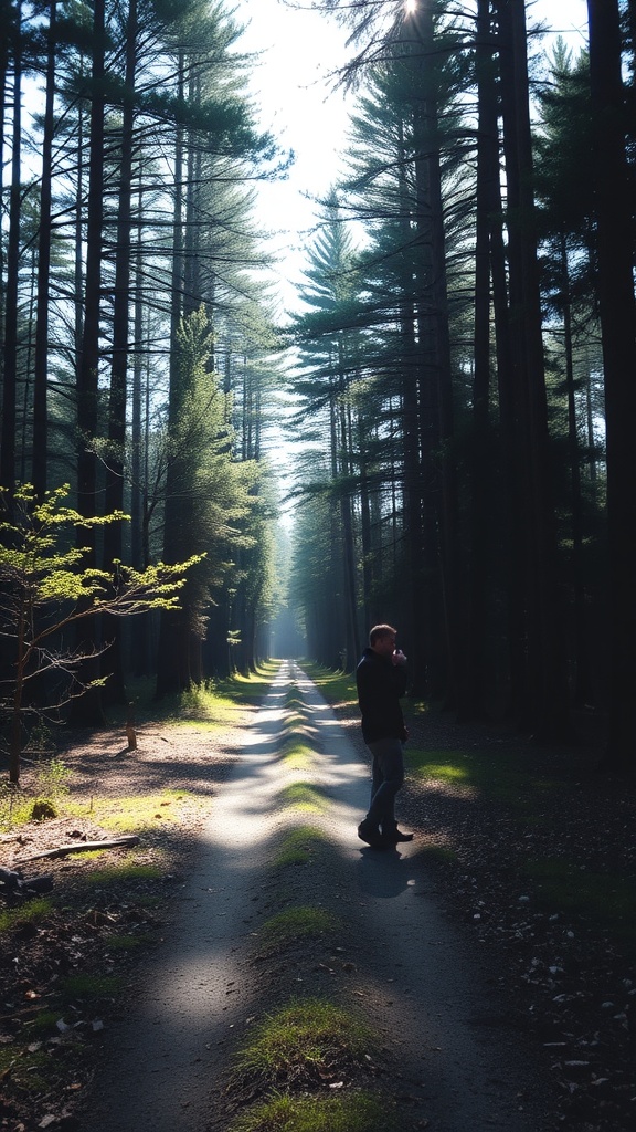 A person walking down a forest path surrounded by tall trees and sunlight.