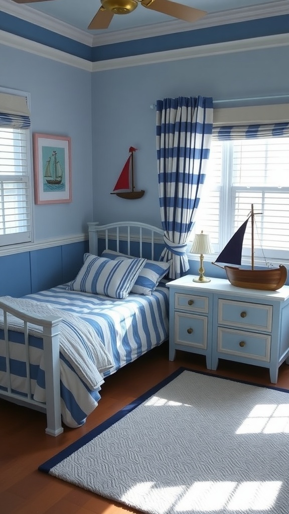 A nautical themed bedroom with blue walls, striped curtains, and bedding, featuring a small sailboat decor.