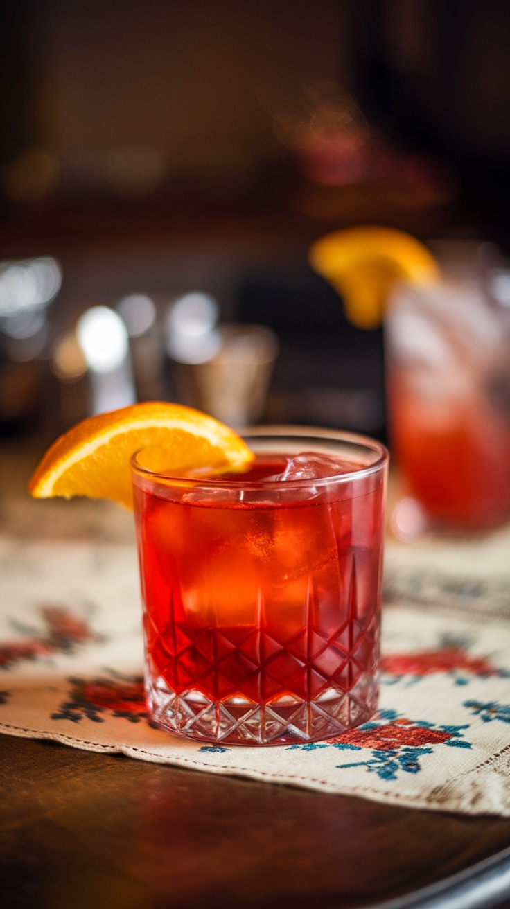 A Negroni cocktail garnished with an orange slice, served in a crystal glass.