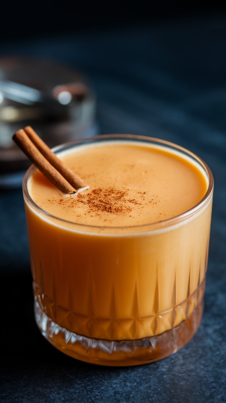 A glass of nutmeg spiced rum topped with cinnamon sticks and a sprinkle of nutmeg.