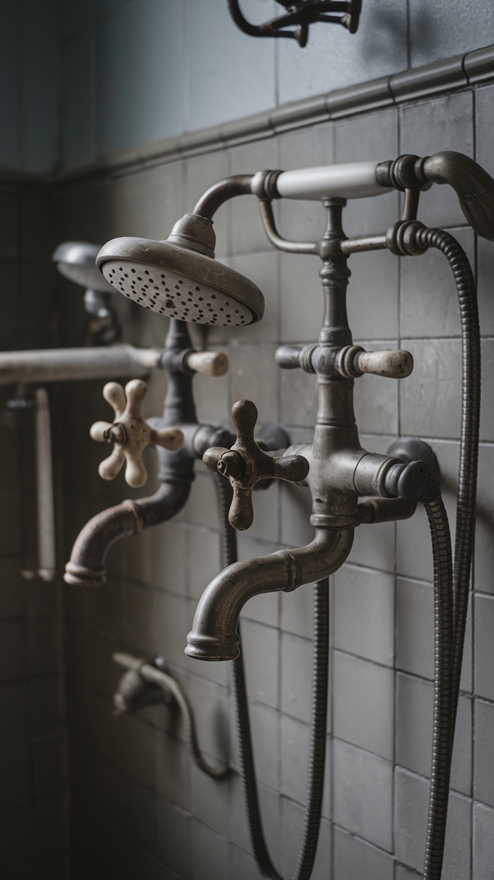 Old-fashioned metal faucets and showerhead in a vintage bathroom setting