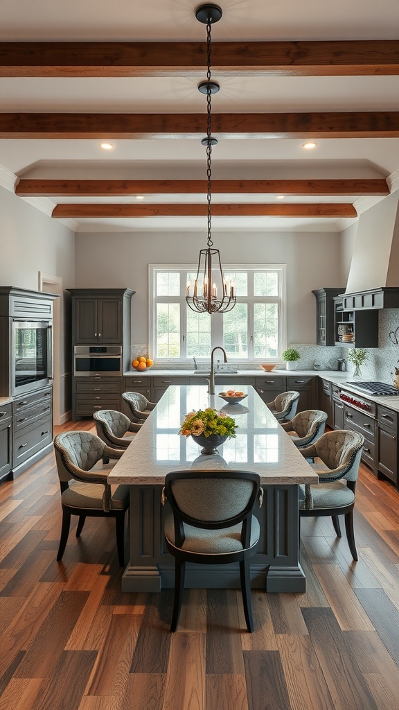 An elegant open concept Italian kitchen featuring a large island and stylish seating.