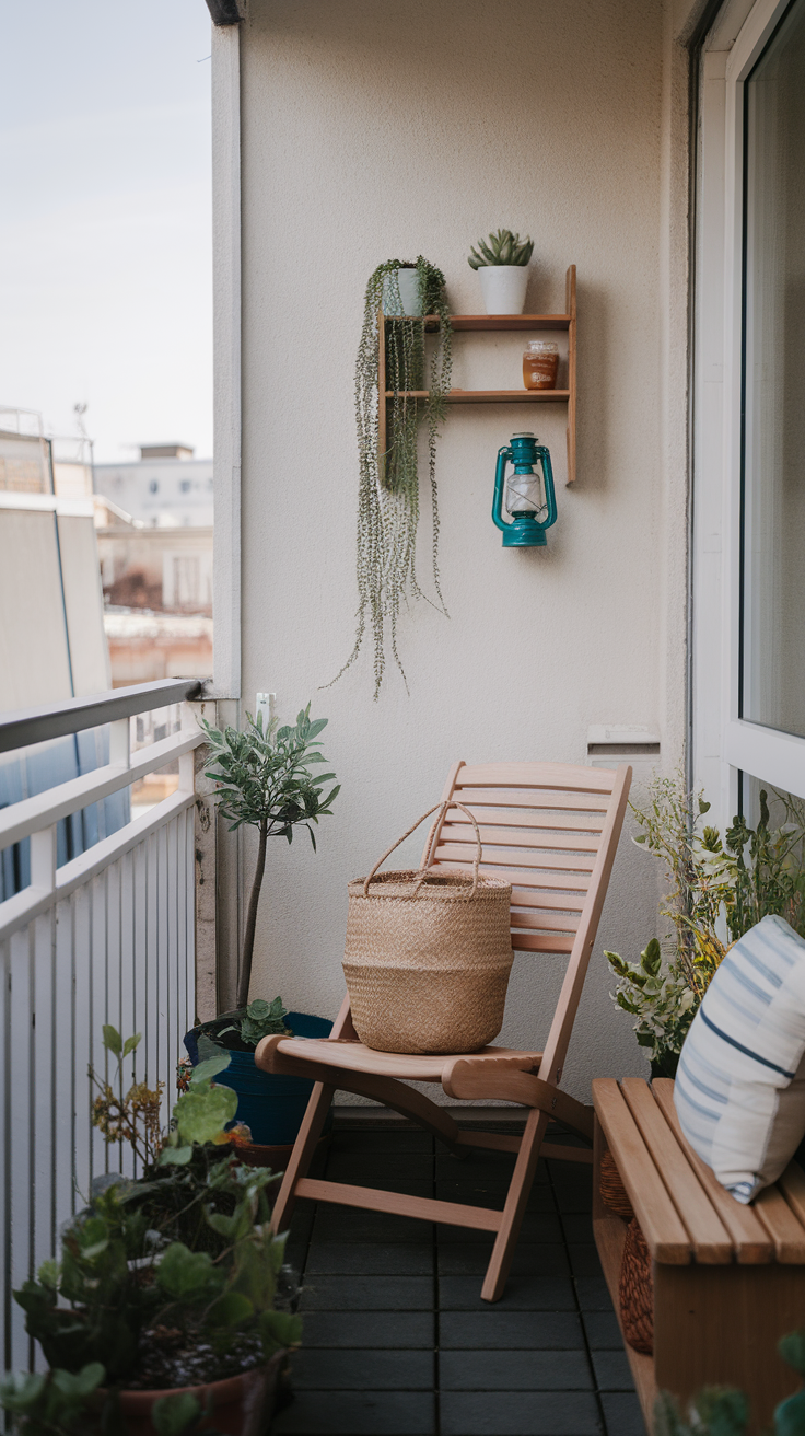 A small balcony featuring a wooden chair, a decorative basket, and various plants.