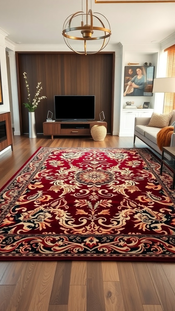 A luxurious red rug with intricate patterns, placed in a modern living room setting.