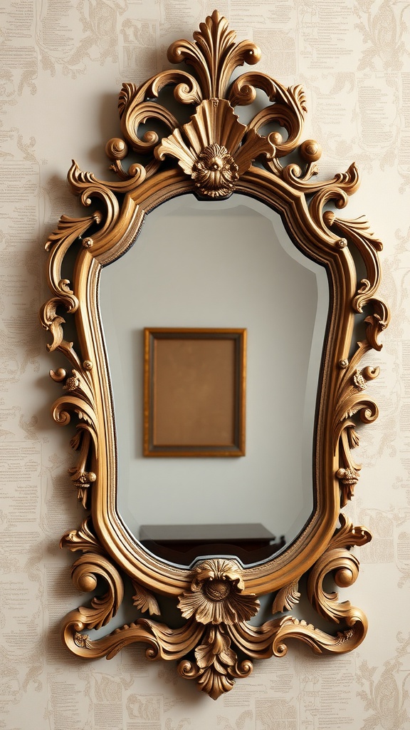 An ornate gold mirror with intricate Rococo-inspired designs.