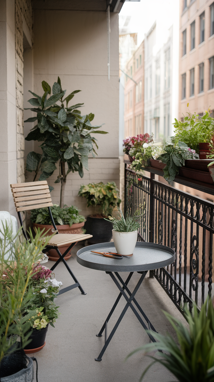 A cozy balcony with plants, a small table, and chairs.