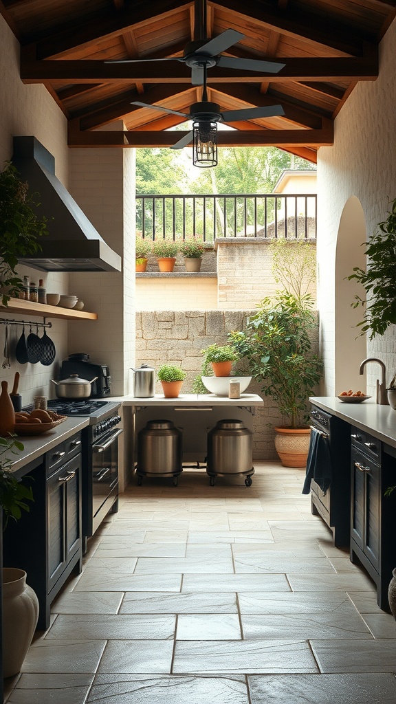 A modern outdoor kitchen with a stylish design and plants.