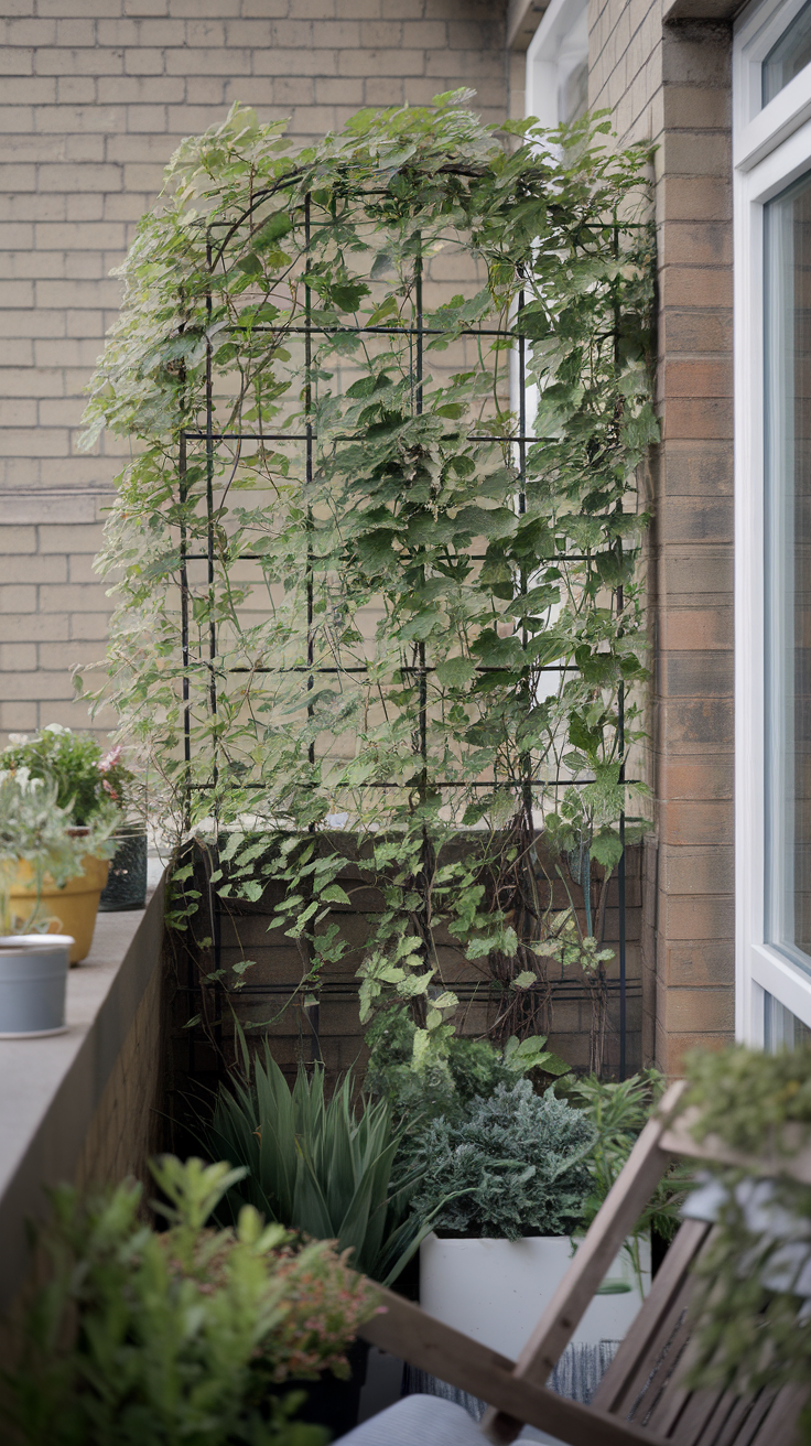 A balcony featuring climbing plants on a trellis, surrounded by various potted plants.