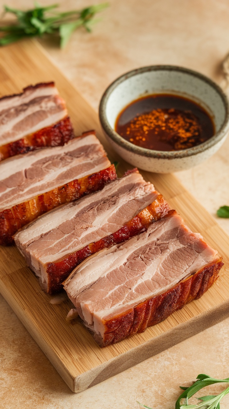 Sliced oven-roasted pork belly served on a wooden board with a dipping sauce.