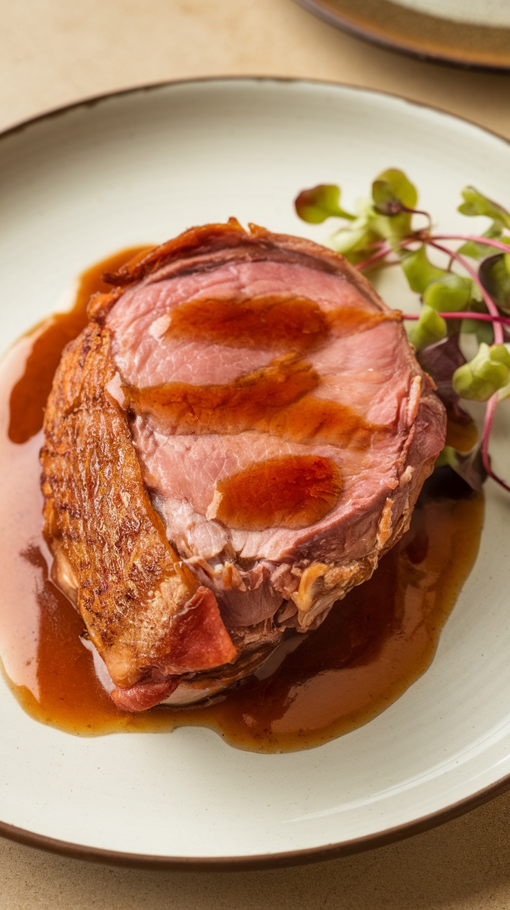 A beautifully plated pan-seared duck breast with a rich sauce and garnished with microgreens.