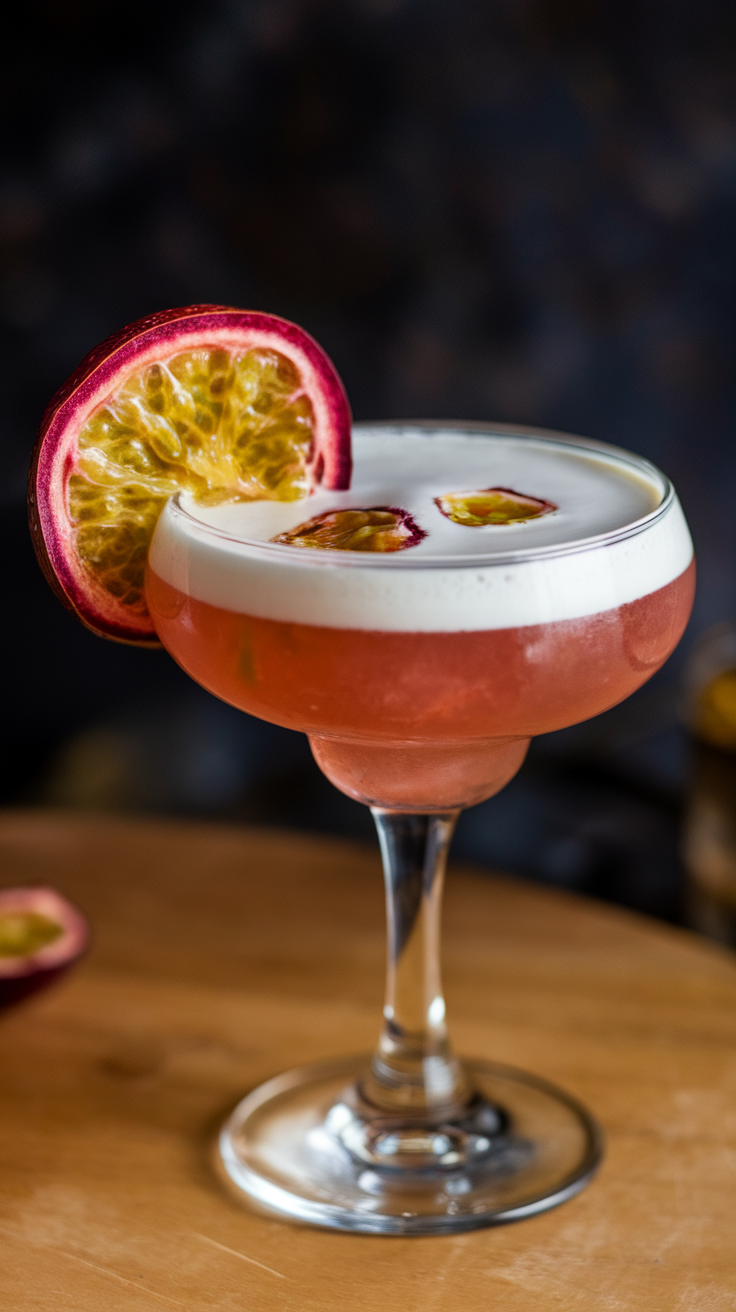 A beautifully crafted Passionfruit Daiquiri garnished with a slice of passionfruit.