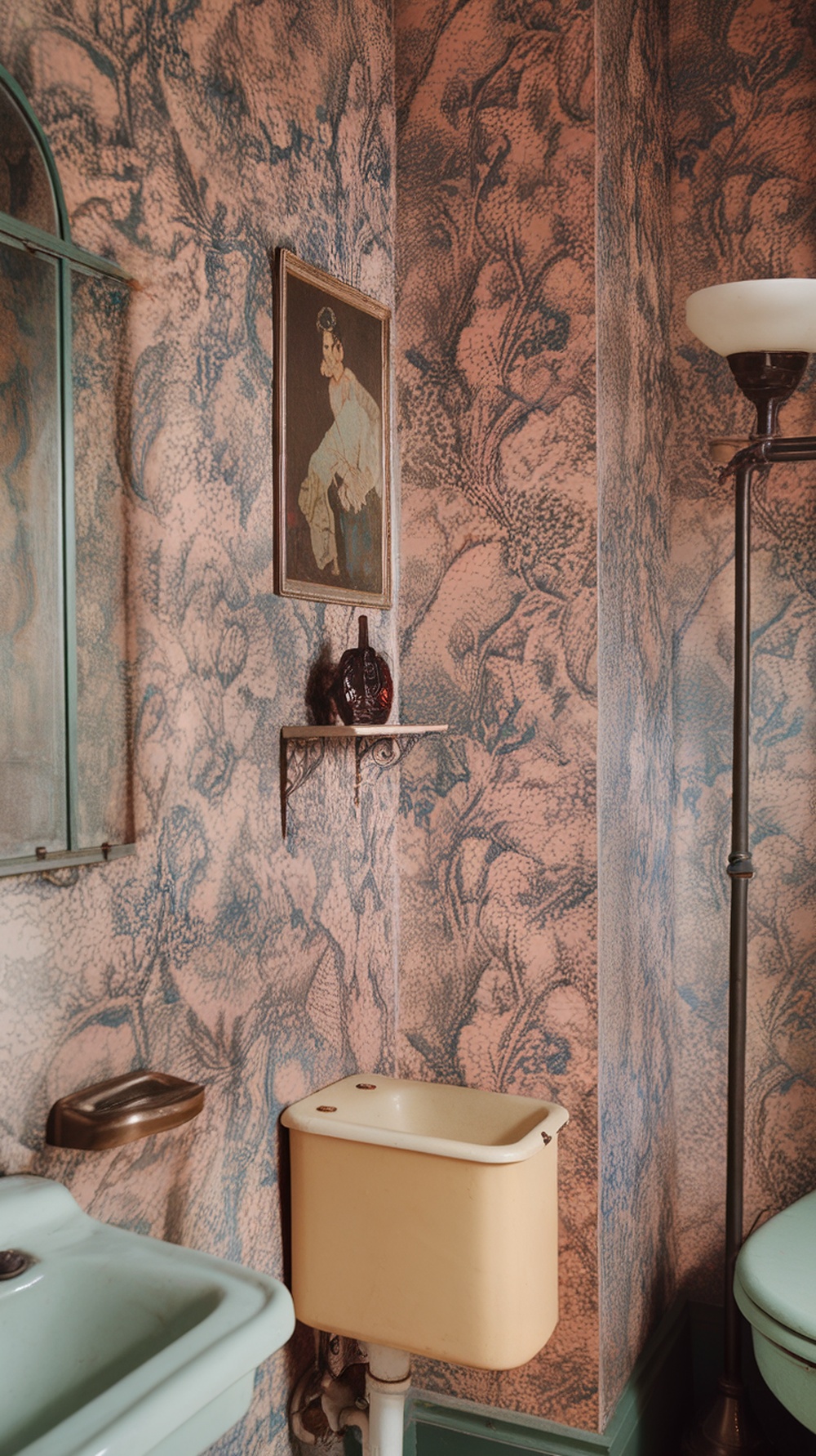 A vintage bathroom with patterned wallpaper in muted tones, featuring a sink, toilet, and decorative elements.