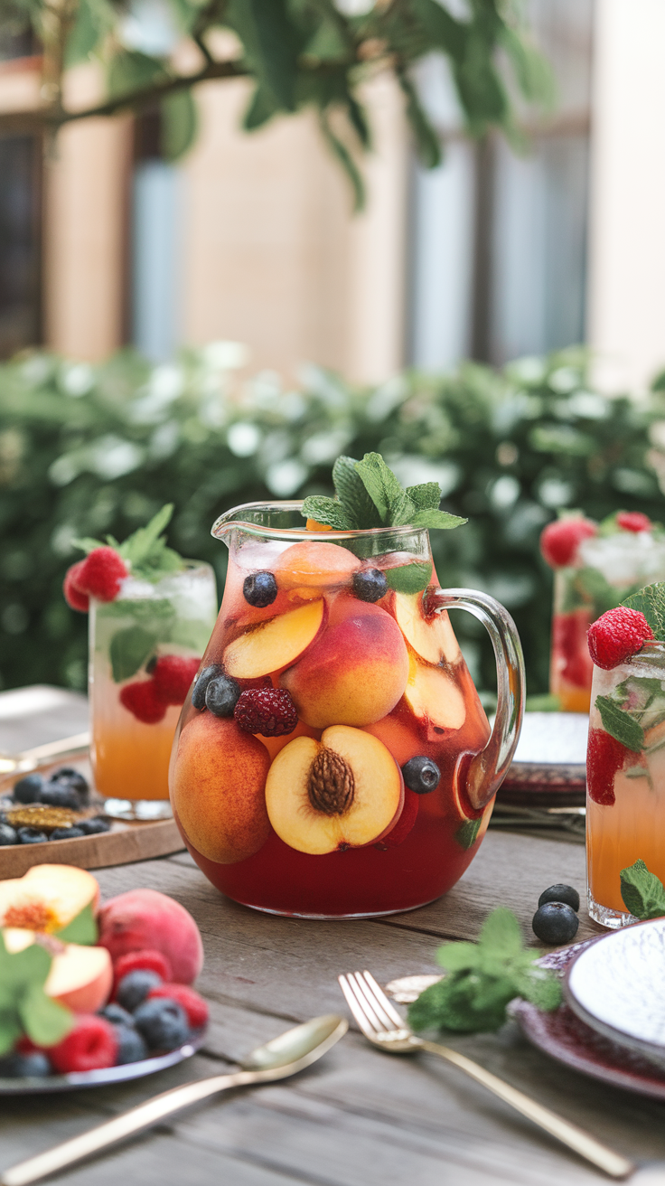 A pitcher of peach sangria filled with peaches, blueberries, and raspberries on a wooden table.