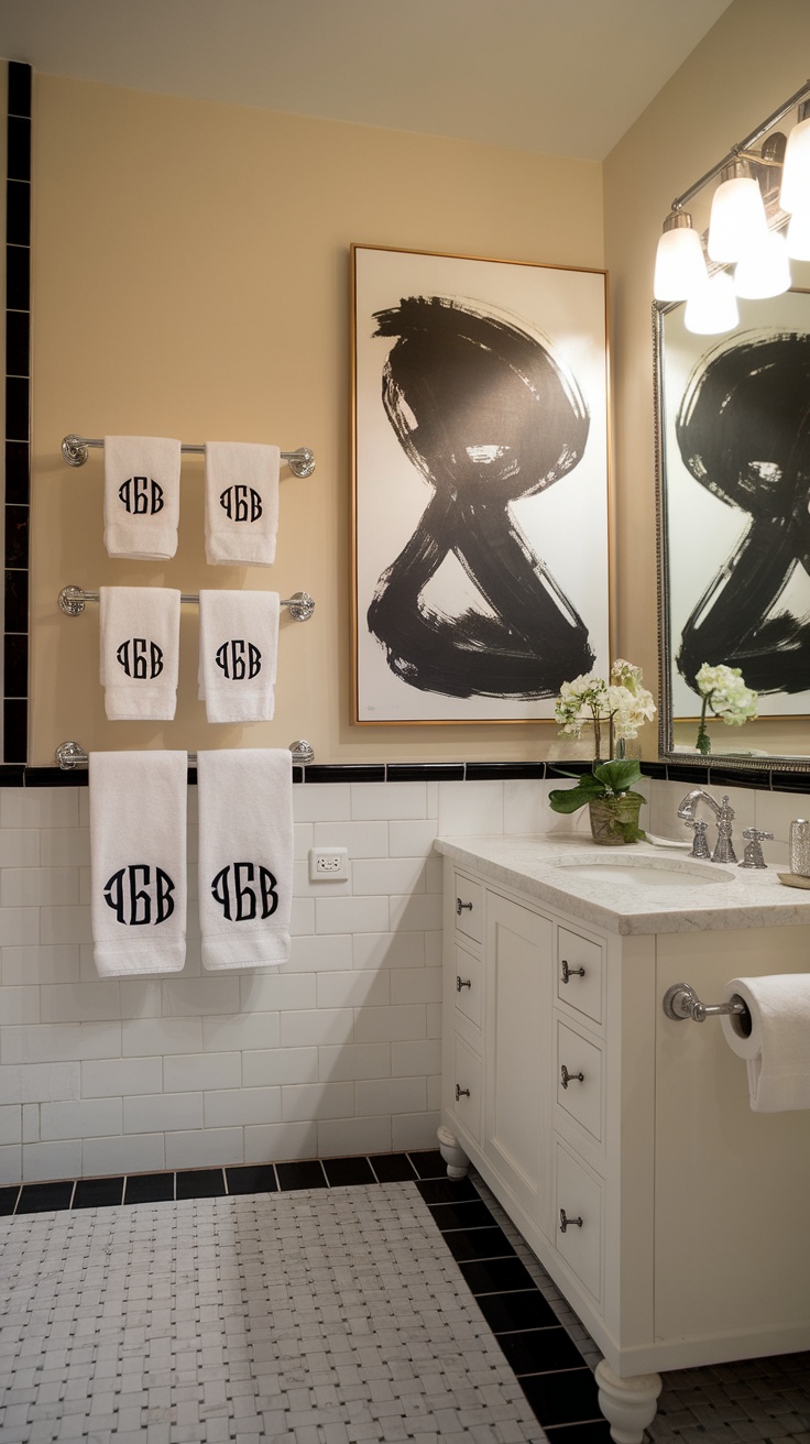 A stylish apartment bathroom featuring monogrammed towels, elegant artwork, and a classic vanity.