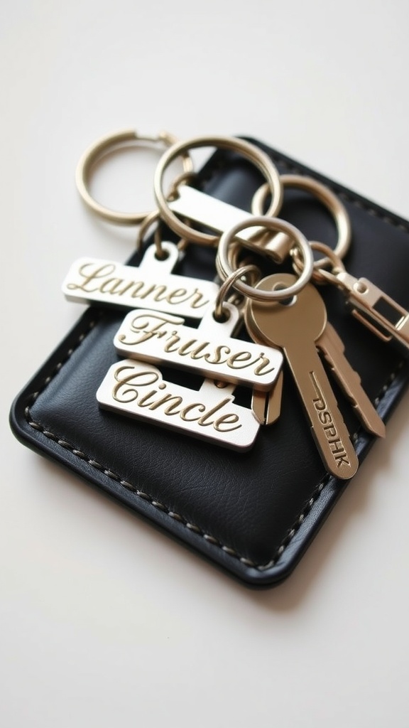 A collection of personalized keychains on a black leather holder