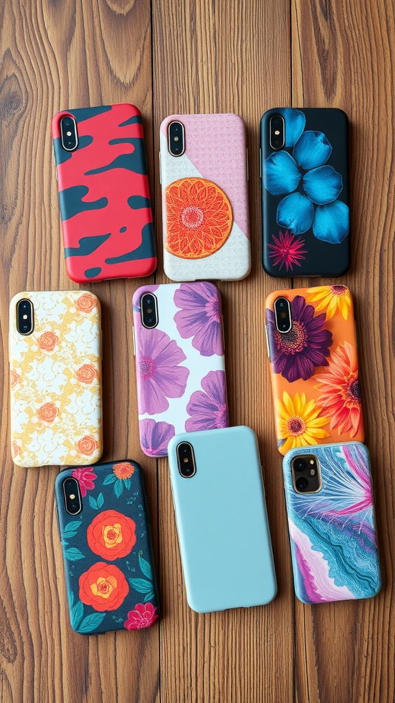 Various colorful personalized phone cases displayed on a wooden surface.