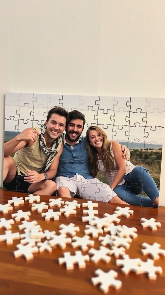 Personalized puzzle with friends' photo and puzzle pieces scattered