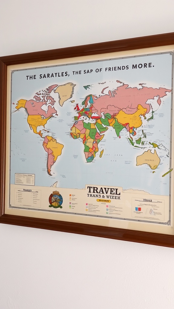 A framed personalized travel map with various countries and regions marked.