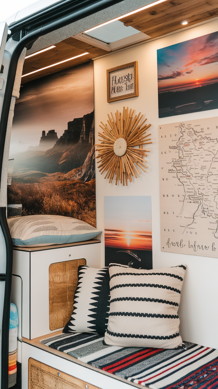 Interior of a van with personalized wall art including photographs and decorative items.