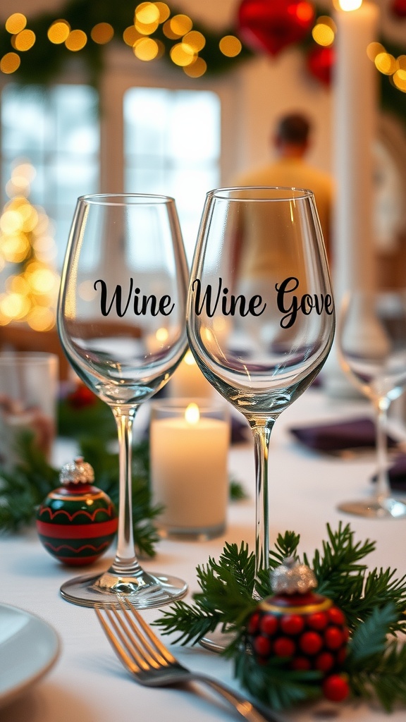 Two personalized wine glasses on a festive table setting with decorations.