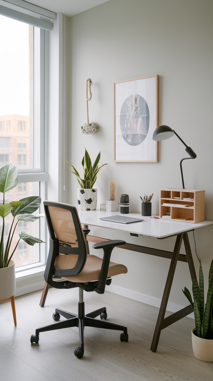 A cozy and organized workspace with a desk, chair, plants, and decorative items.