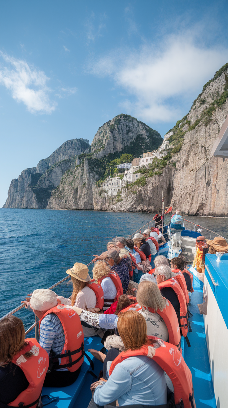 A group of people enjoying a boat ride on clear blue waters near rocky cliffs.