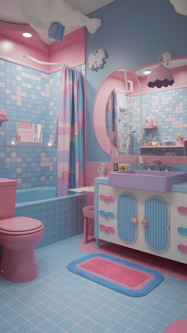 A whimsical bathroom with pastel colors in pink, blue, and purple tiles and decor.