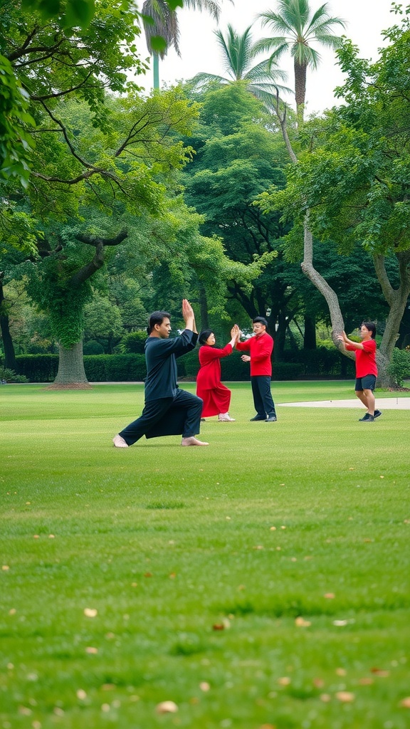 Group of people practicing Tai Chi in a green park