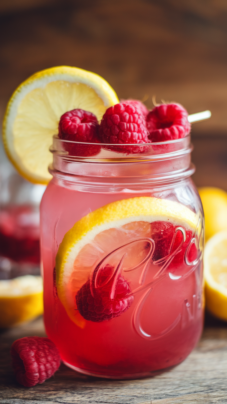 A refreshing drink made with raspberry lemonade, garnished with fresh raspberries and lemon slices.