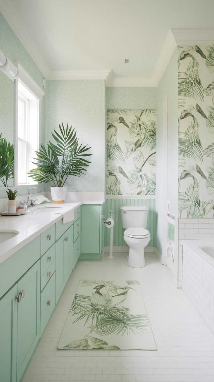 A stylish mint green bathroom featuring tropical wallpaper and plants.