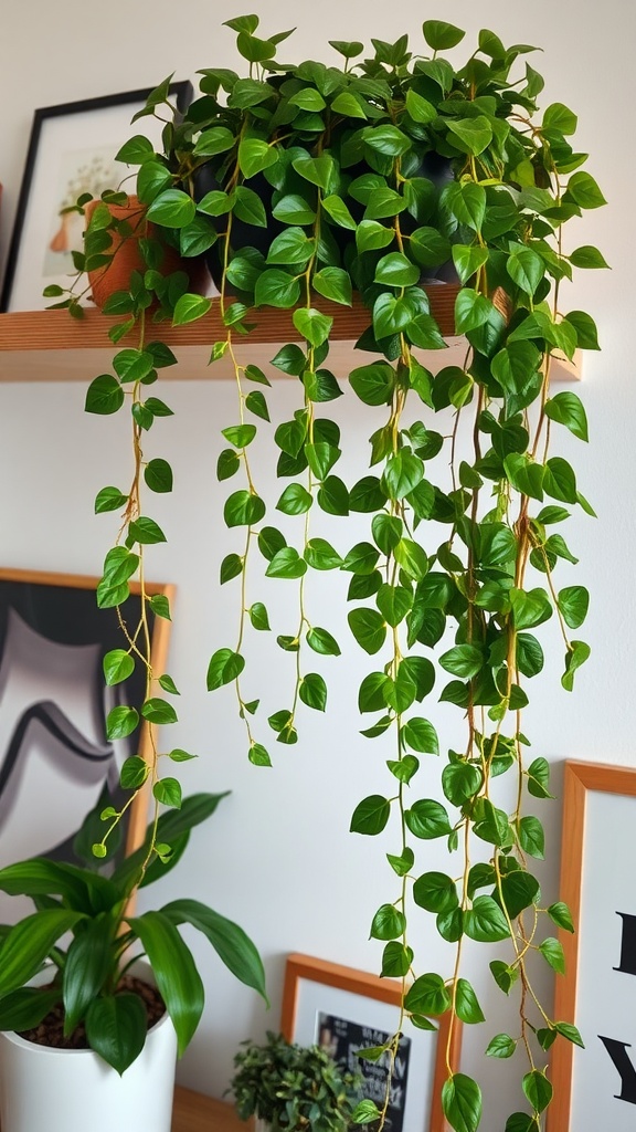 A lush pothos vine cascading from a shelf, surrounded by framed art and other plants.