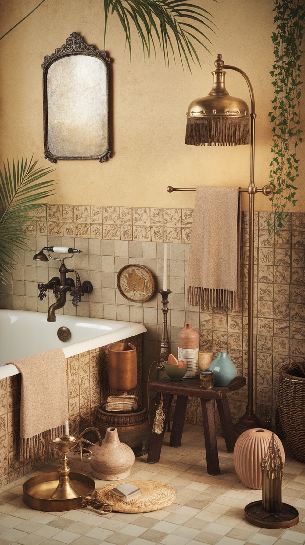A vintage bathroom with retro accessories including a brass lamp, ornate mirror, and various pottery items.