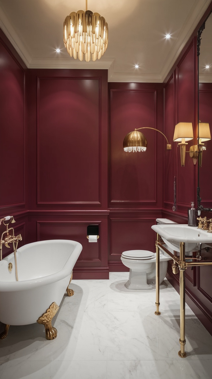 A luxurious bathroom featuring rich burgundy walls, gold fixtures, and a white freestanding bathtub.