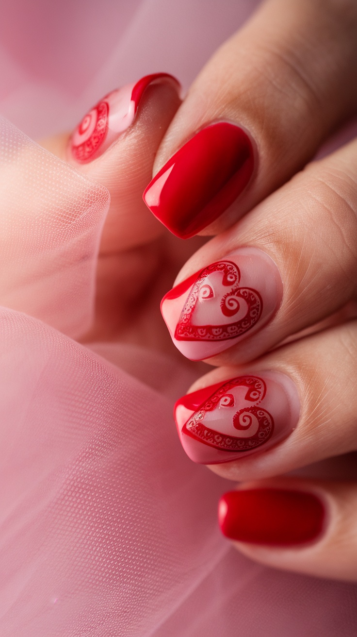 Nail design featuring red hearts with swirls on a red and natural base